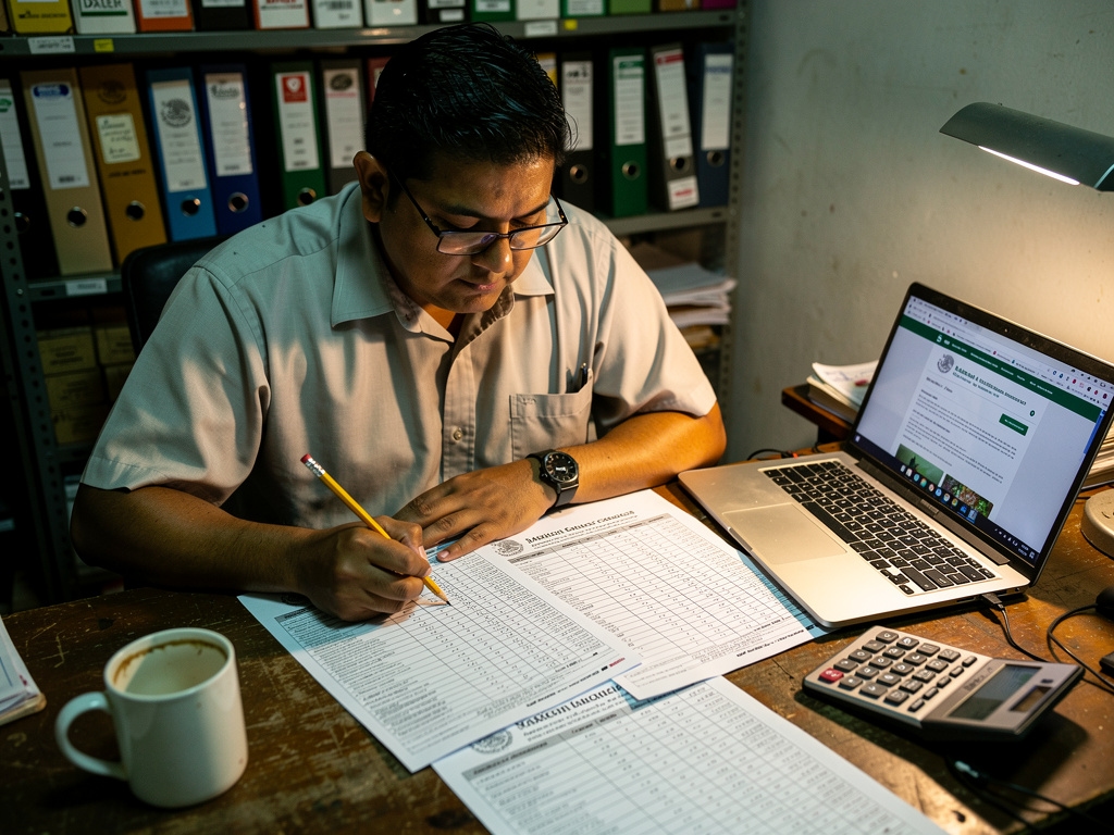 Productor mexicano revisando documentos de programa de apoyo gubernamental en oficina rural