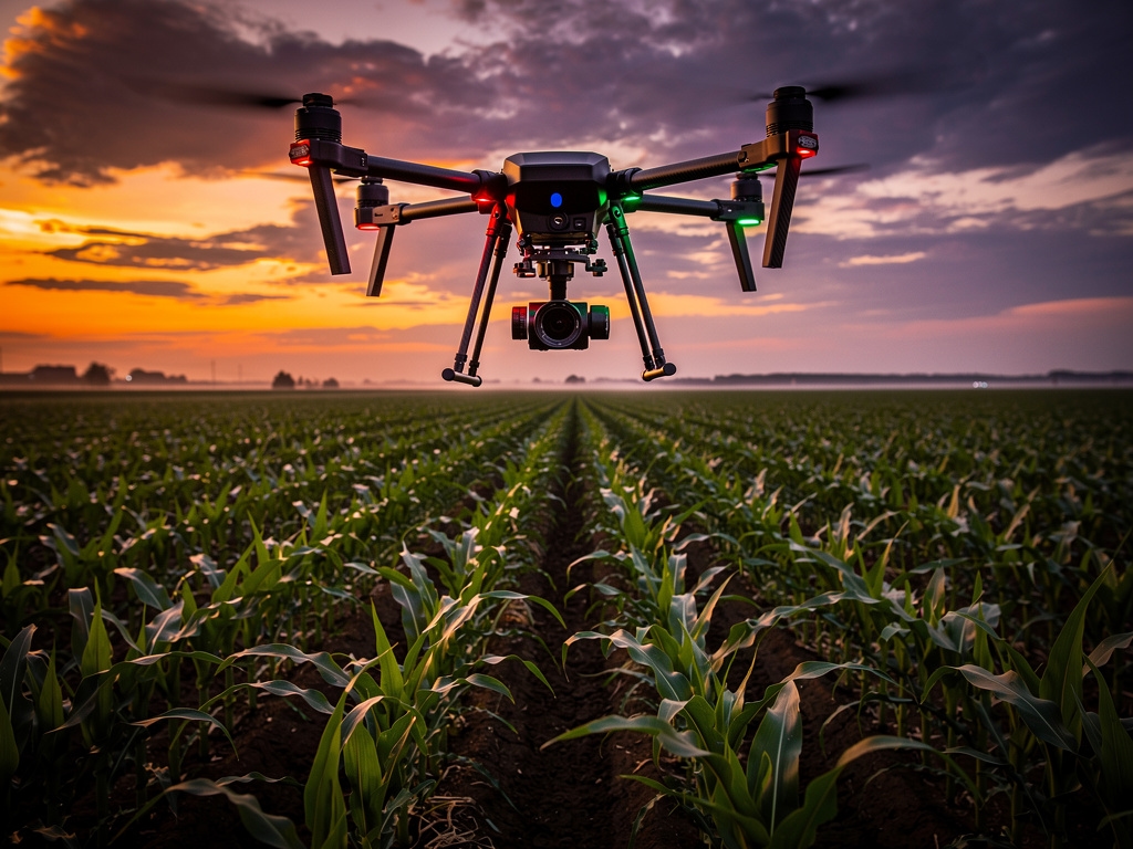 Dron sobrevolando campo agrícola mexicano al atardecer capturando imágenes del cultivo