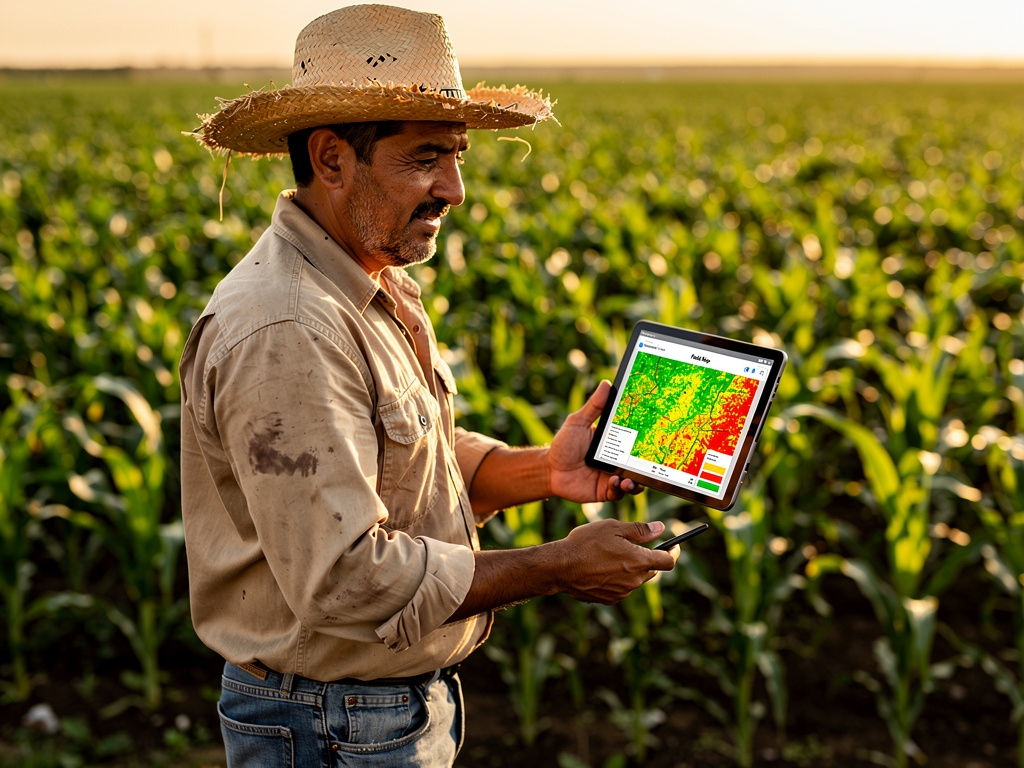 Productor agrícola mexicano revisando información en tablet en su parcela