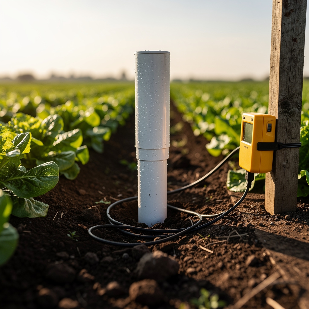 Sensor de humedad de suelo instalado en tierra agrícola junto a cultivo con cables visibles