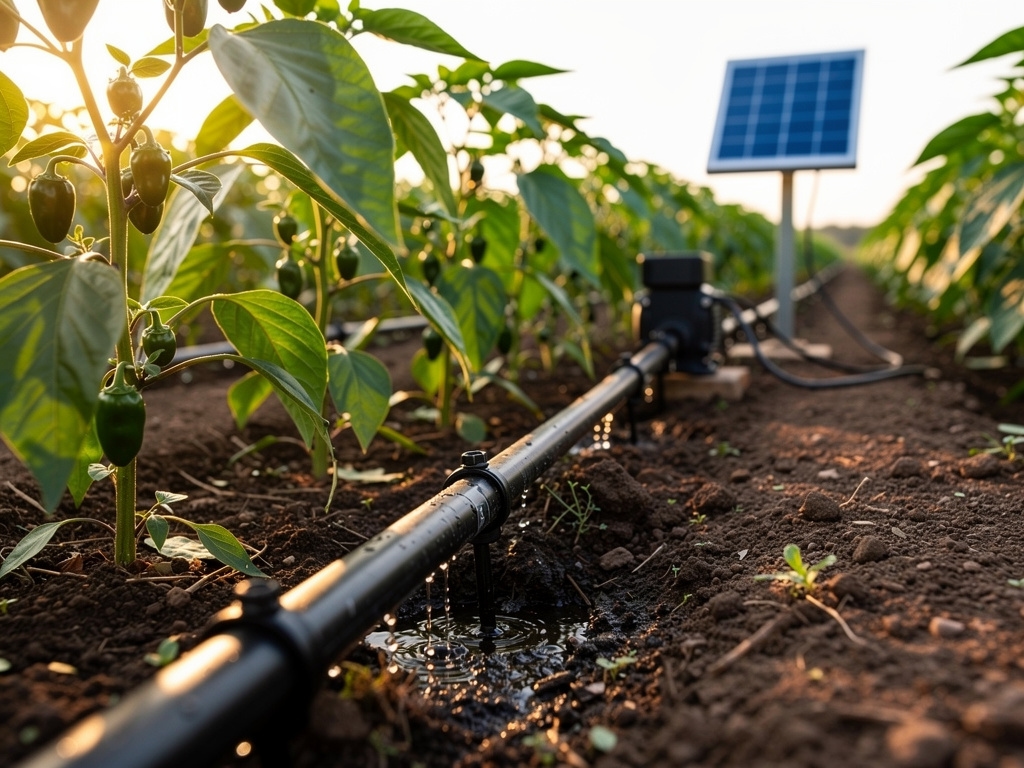 Sistema de riego por goteo con panel solar instalado en parcela agrícola mexicana